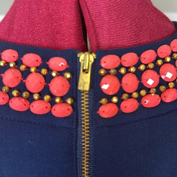 Lilly Pulitzer "Bennett" navy coral lined fitted dress  with beaded neckline - Picture 4 of 10